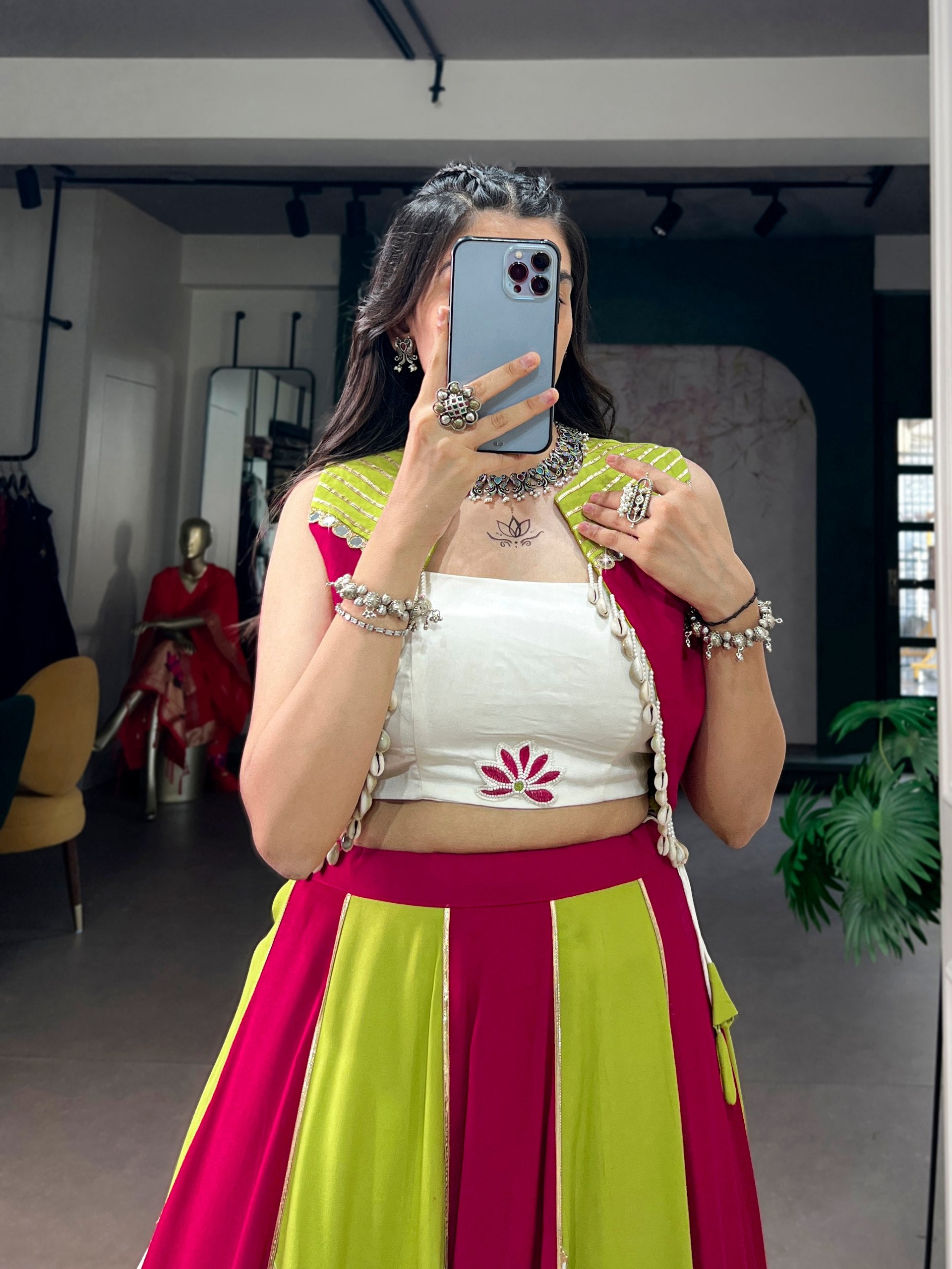 Womenline Fuchsia Lime Colorblock Designer Lehenga Set