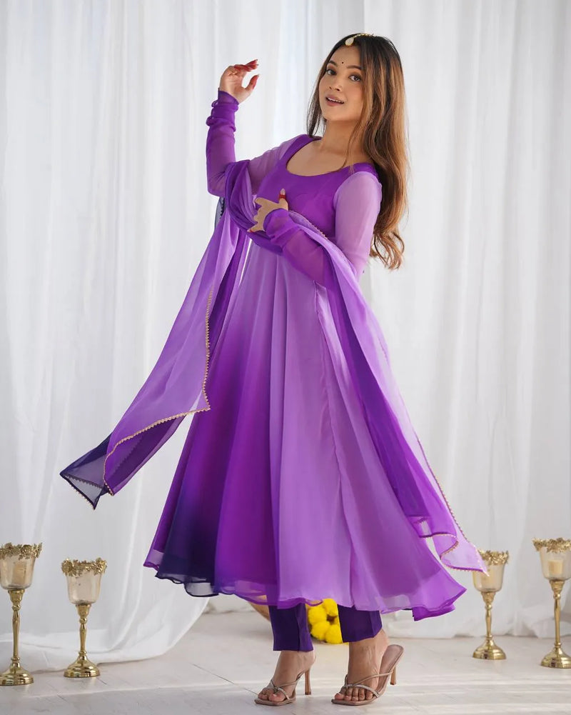 Womenline Multi Purple Color Georgette Three Piece Anarkali Suit