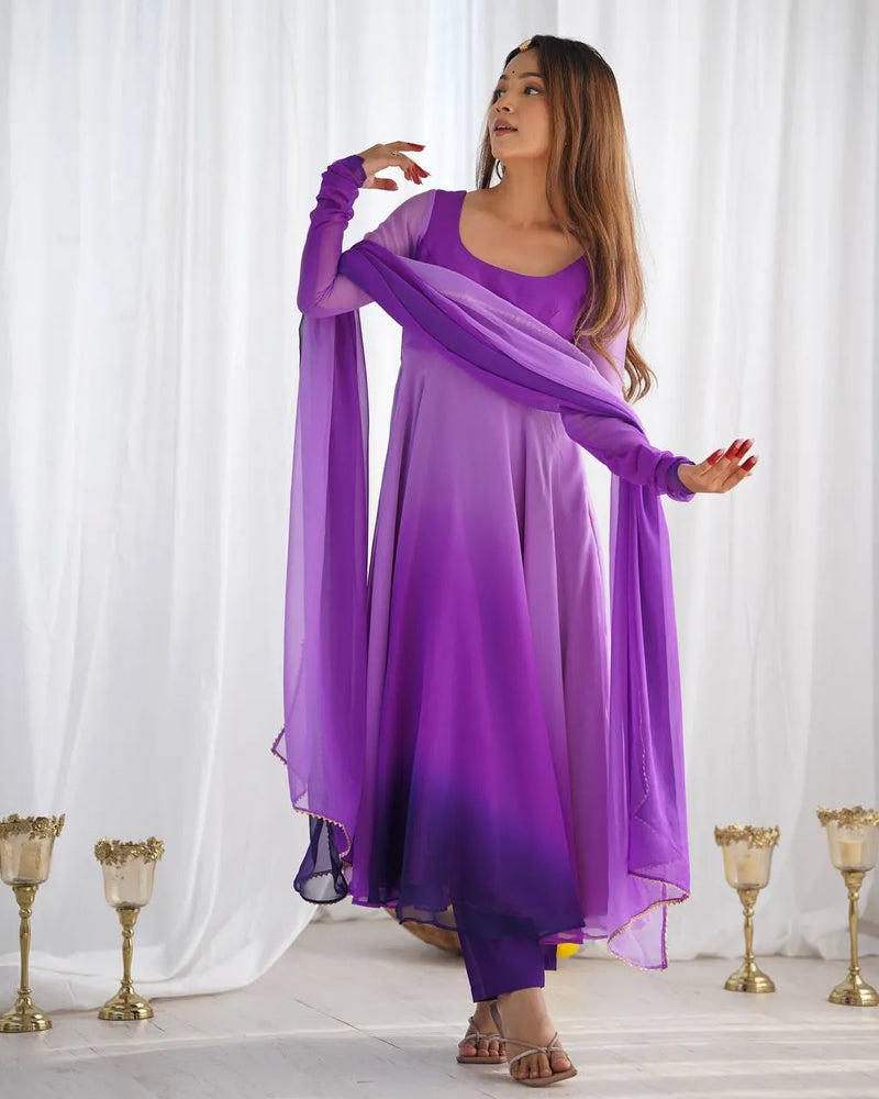 Womenline Multi Purple Color Georgette Three Piece Anarkali Suit