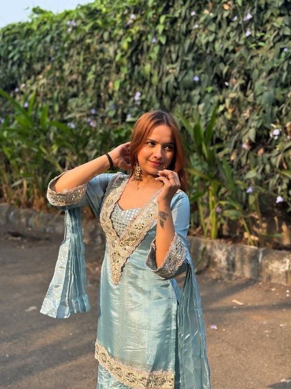 Womenline Powder Blue Embroidered Palazzo Suit Set with Dupatta