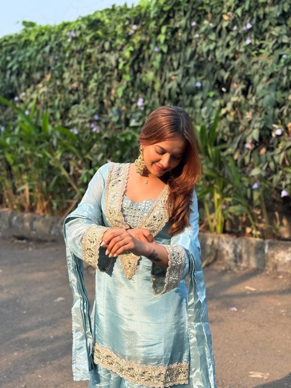 Womenline Powder Blue Embroidered Palazzo Suit Set with Dupatta
