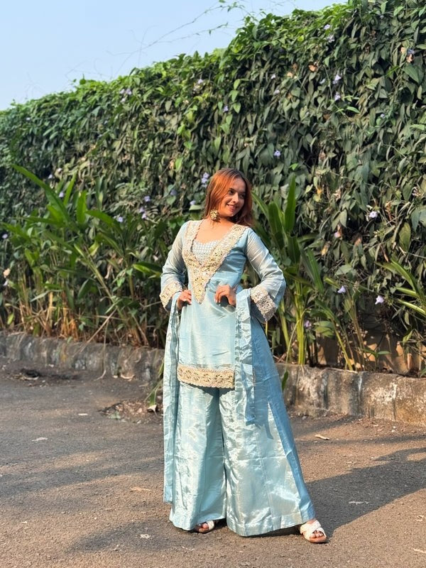 Womenline Powder Blue Embroidered Palazzo Suit Set with Dupatta