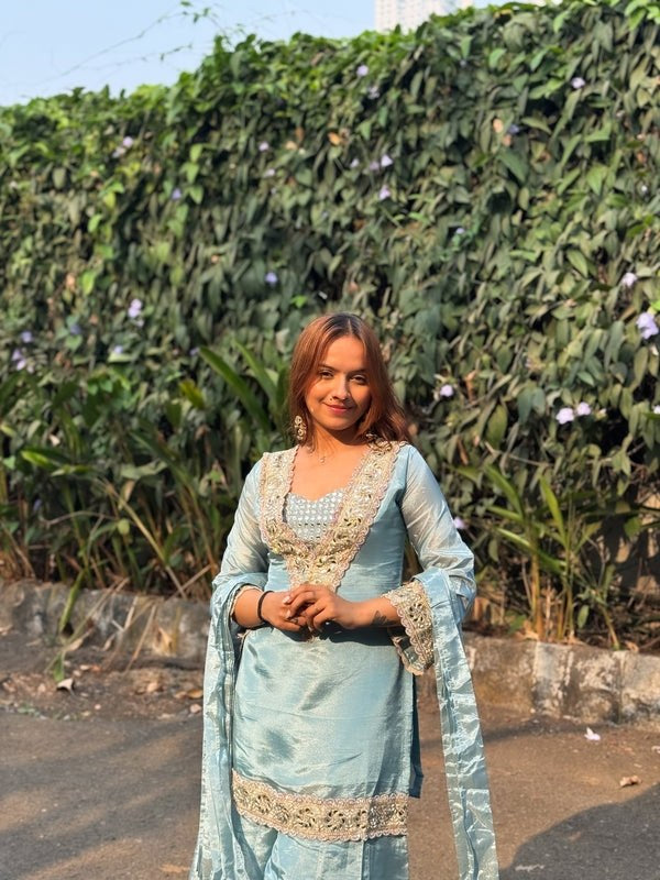 Womenline Powder Blue Embroidered Palazzo Suit Set with Dupatta