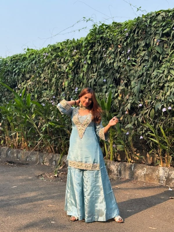 Womenline Powder Blue Embroidered Palazzo Suit Set with Dupatta