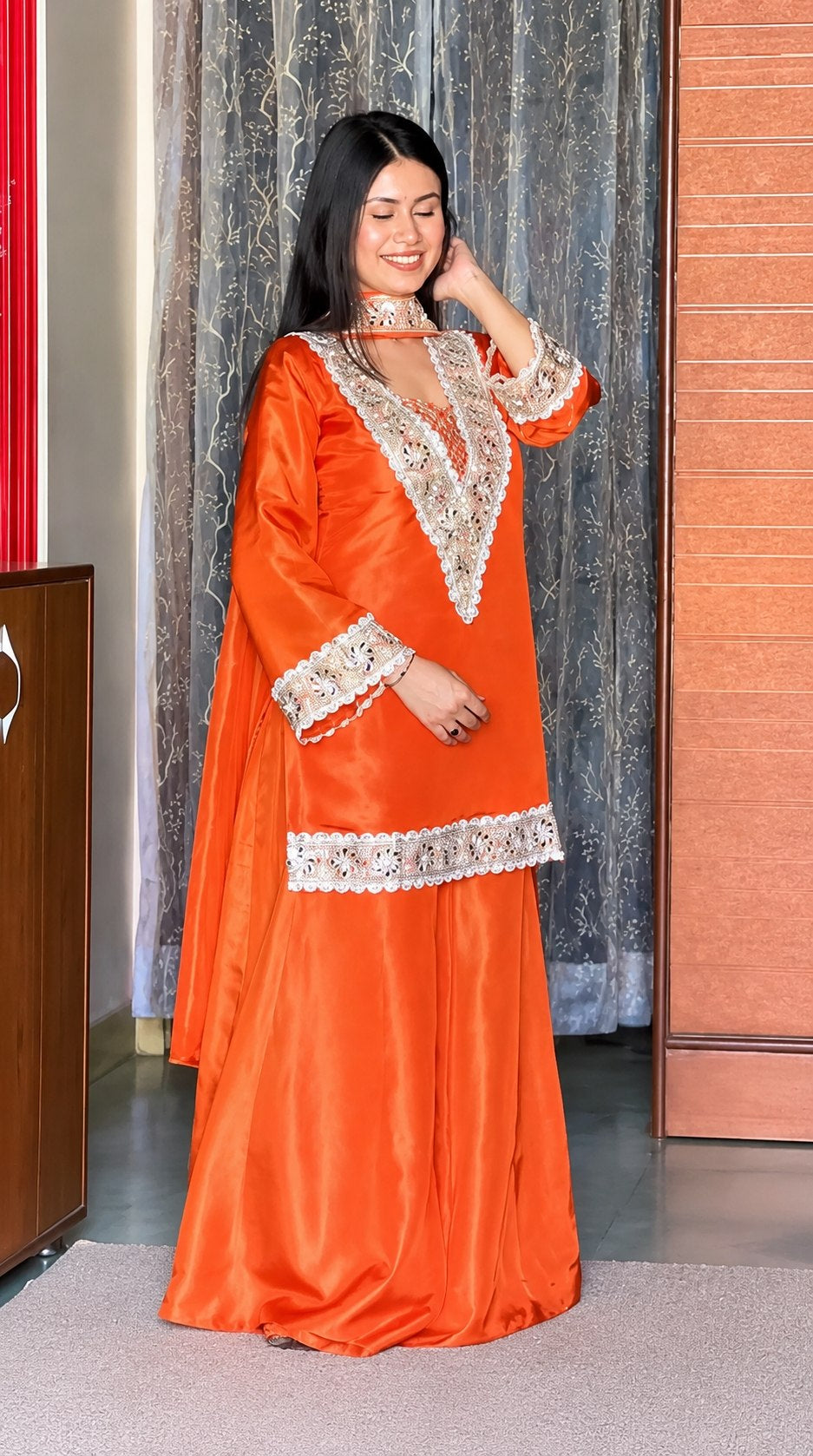 Womenline Vibrant Orange Embroidered Palazzo Suit Set with Dupatta