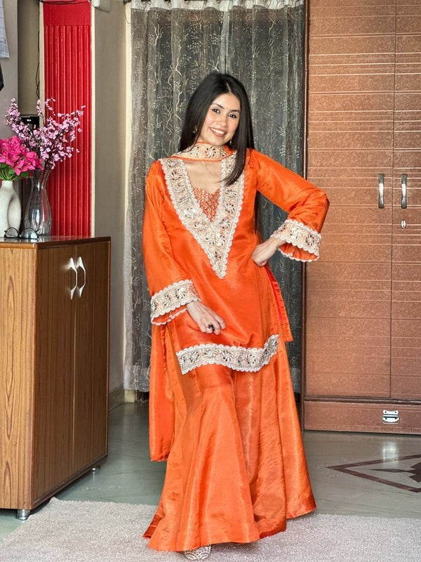 Womenline Vibrant Orange Embroidered Palazzo Suit Set with Dupatta