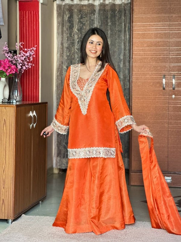 Womenline Vibrant Orange Embroidered Palazzo Suit Set with Dupatta