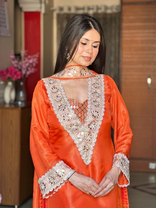 Womenline Vibrant Orange Embroidered Palazzo Suit Set with Dupatta