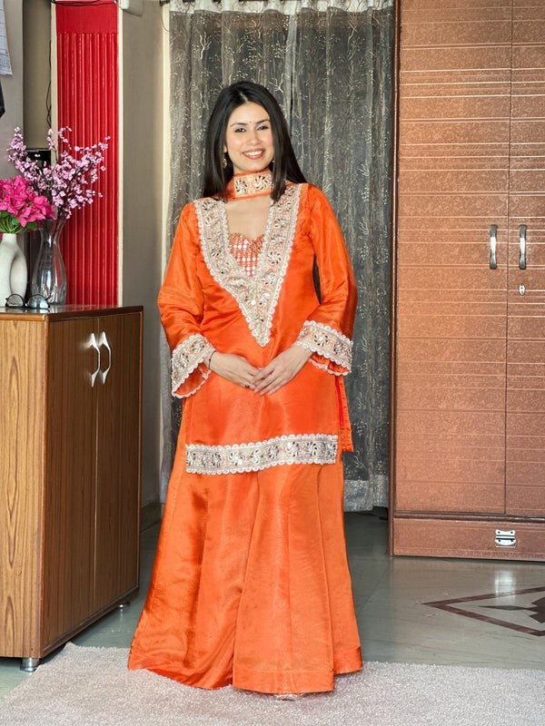 Womenline Vibrant Orange Embroidered Palazzo Suit Set with Dupatta