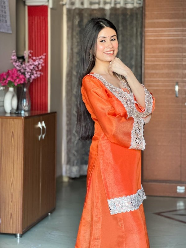 Womenline Vibrant Orange Embroidered Palazzo Suit Set with Dupatta