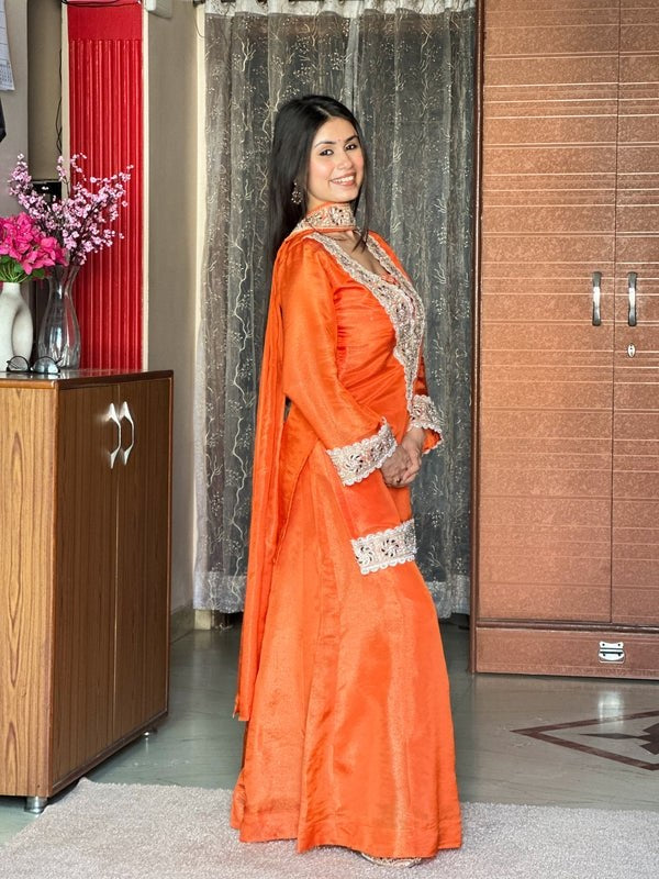 Womenline Vibrant Orange Embroidered Palazzo Suit Set with Dupatta