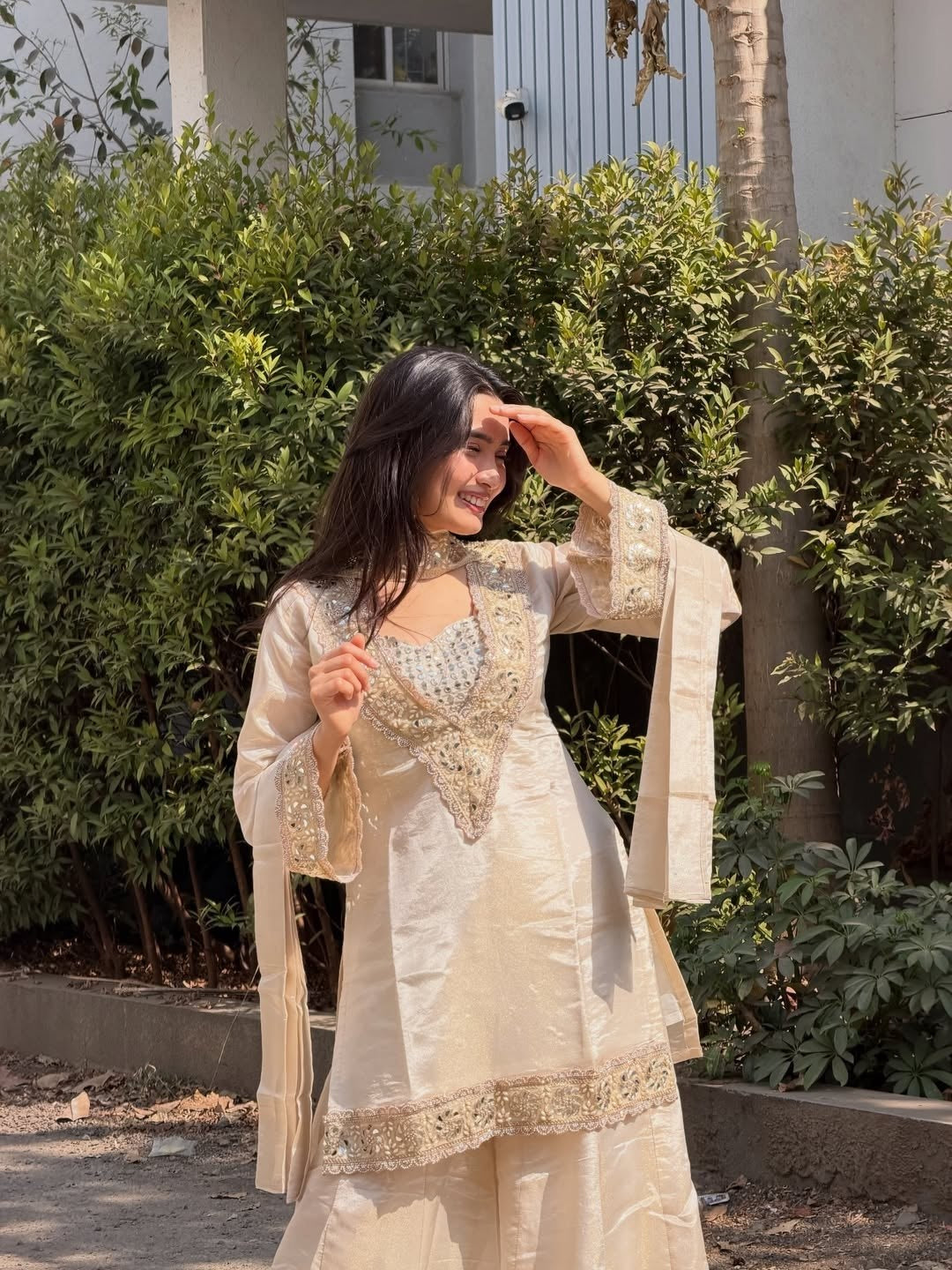 Womenline Ivory Beige Embroidered Palazzo Suit Set with Dupatta