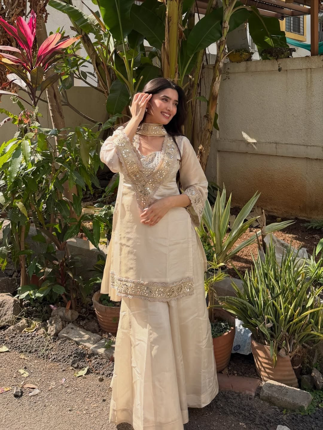 Womenline Ivory Beige Embroidered Palazzo Suit Set with Dupatta