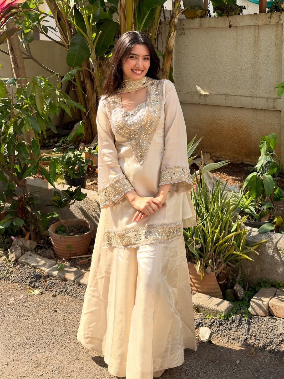 Womenline Ivory Beige Embroidered Palazzo Suit Set with Dupatta