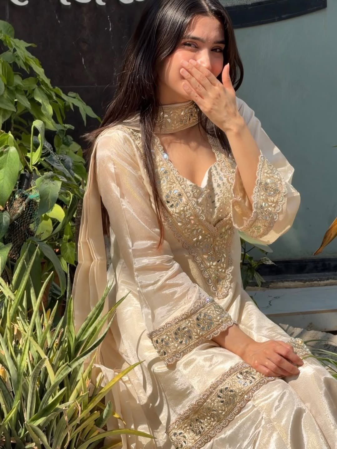 Womenline Ivory Beige Embroidered Palazzo Suit Set with Dupatta