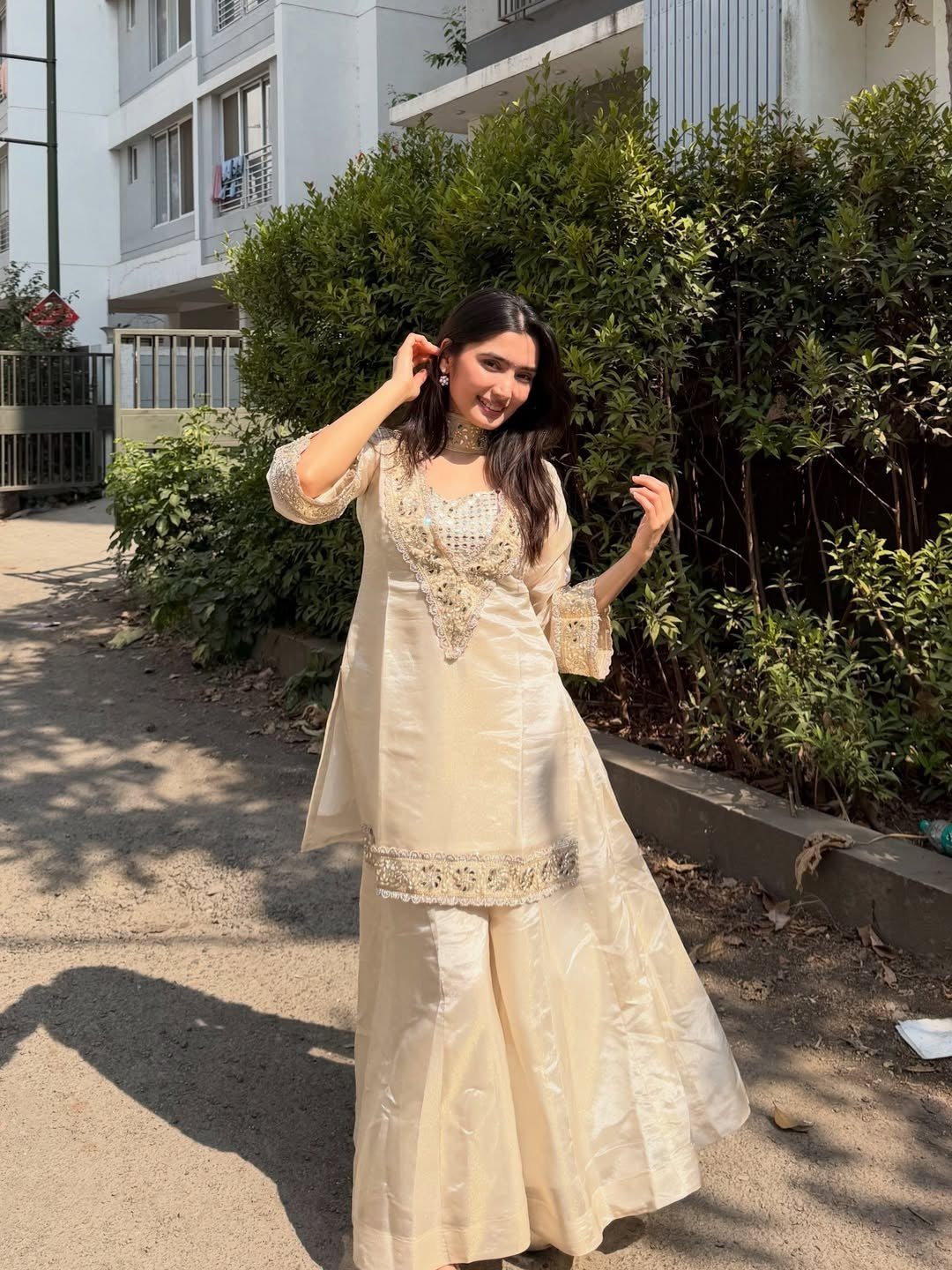 Womenline Ivory Beige Embroidered Palazzo Suit Set with Dupatta