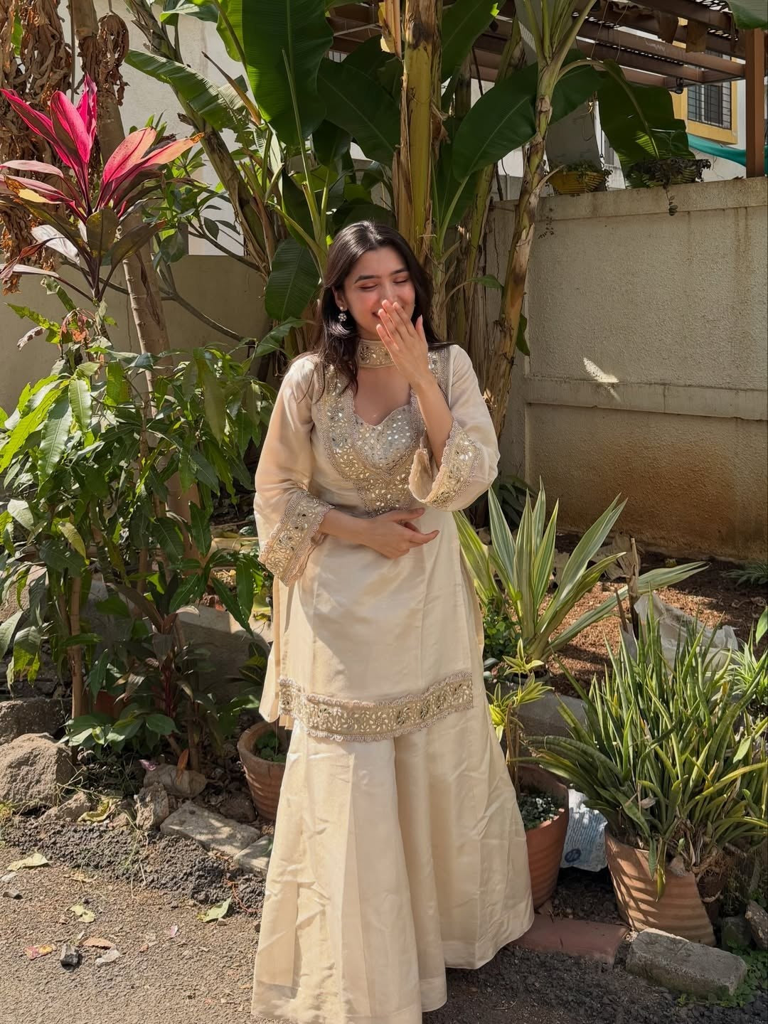 Womenline Ivory Beige Embroidered Palazzo Suit Set with Dupatta