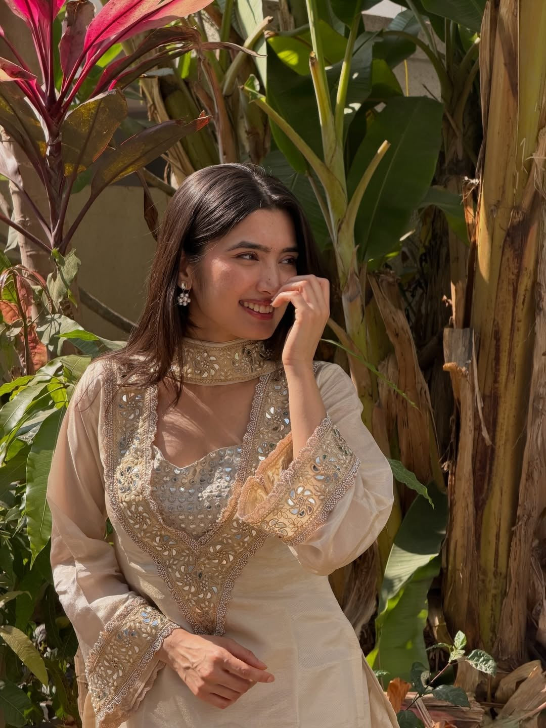 Womenline Ivory Beige Embroidered Palazzo Suit Set with Dupatta
