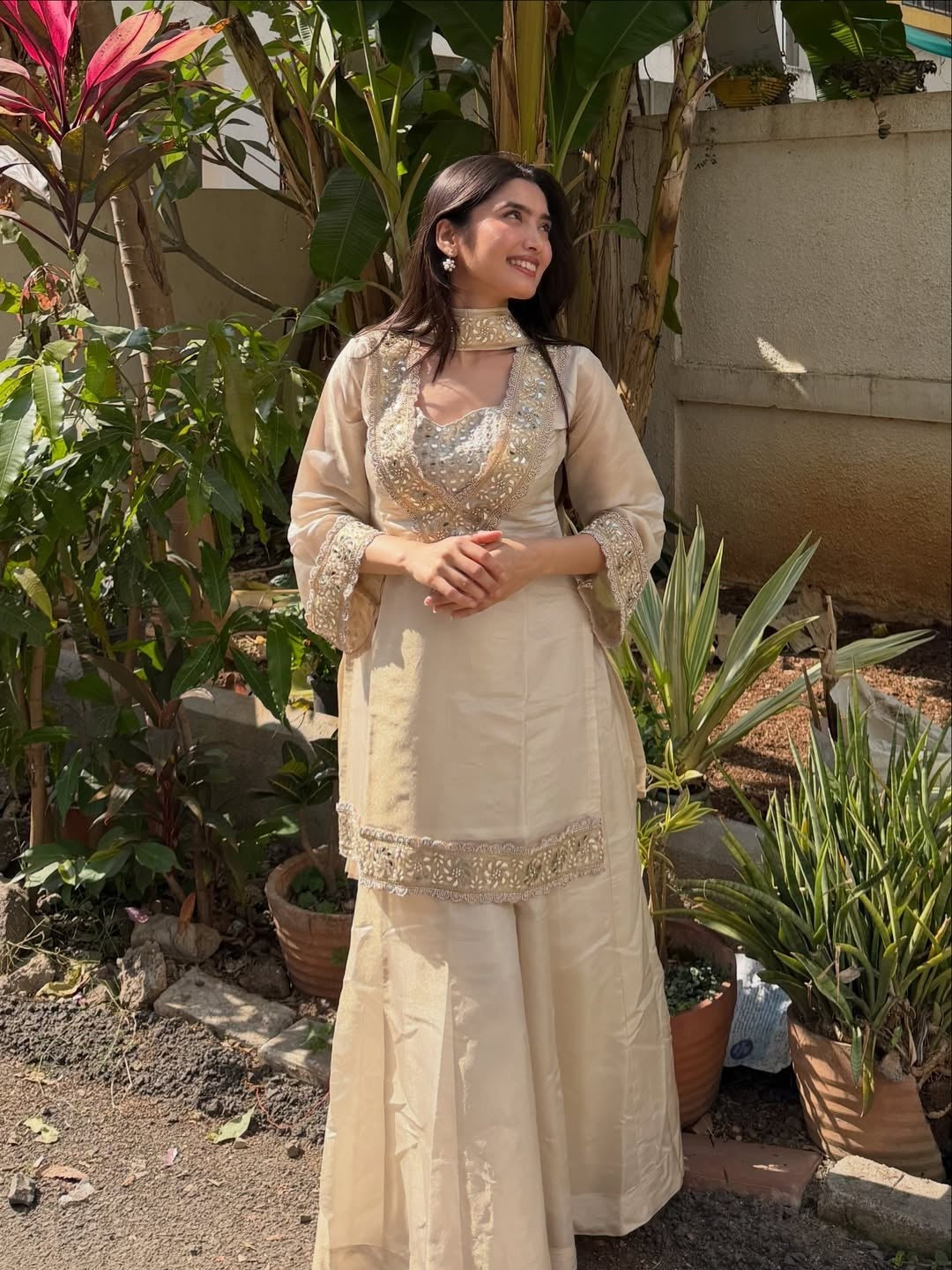 Womenline Ivory Beige Embroidered Palazzo Suit Set with Dupatta