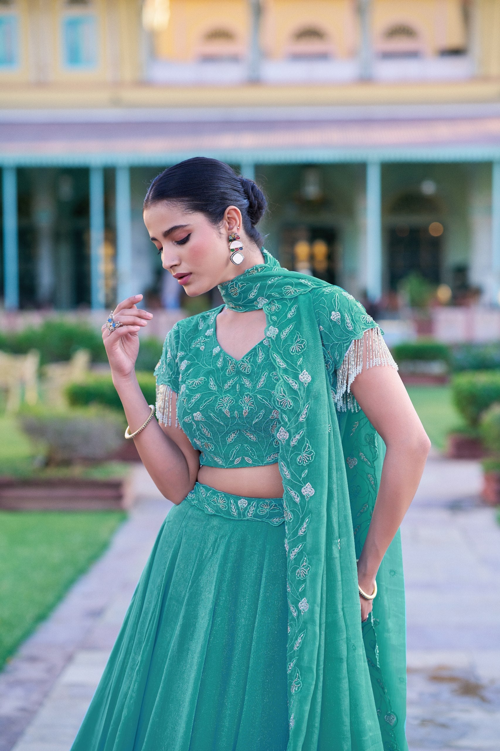 Womenline Emerald Mist Embroidered Designer Lehenga Set