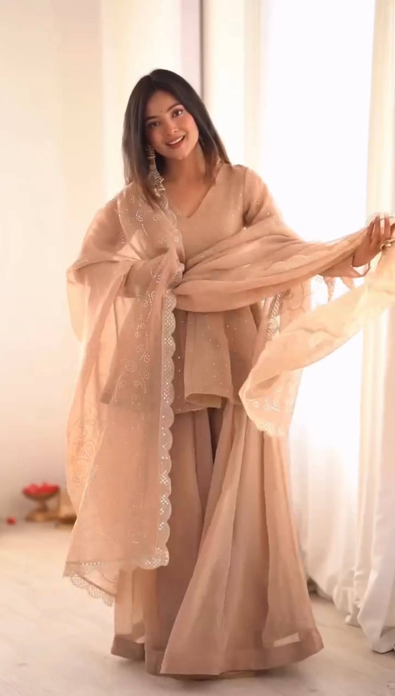 Womenline Champagne Bloom Designer Sharara Suit Set with Elegant Dupatta
