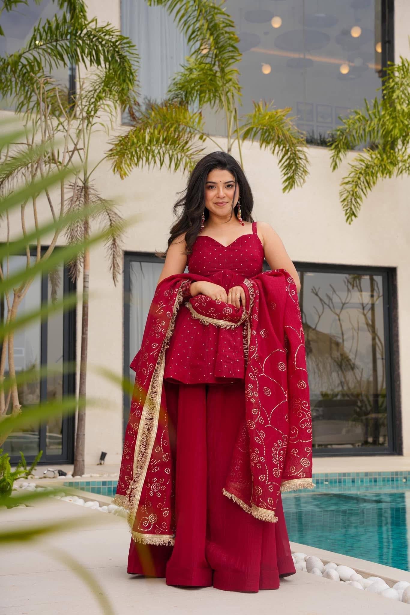 Womenline Crimson Radiance Designer Sharara Suit Set with Embroidered Dupatta