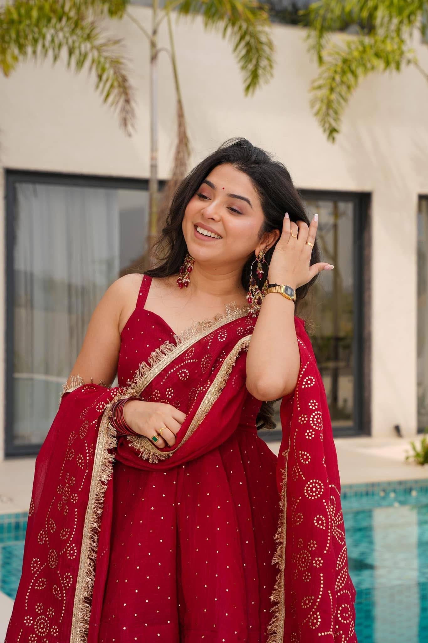 Womenline Crimson Radiance Designer Sharara Suit Set with Embroidered Dupatta