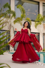 Womenline Crimson Radiance Designer Sharara Suit Set with Embroidered Dupatta