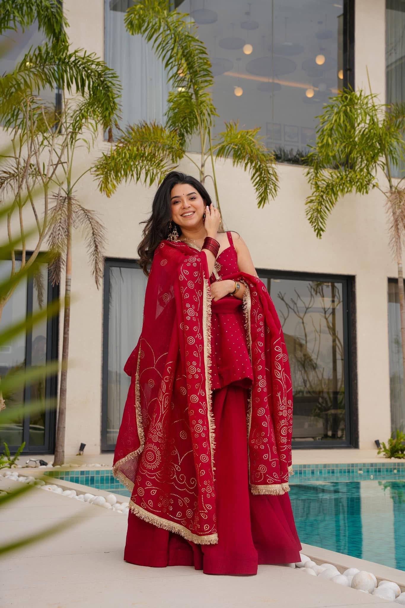 Womenline Crimson Radiance Designer Sharara Suit Set with Embroidered Dupatta