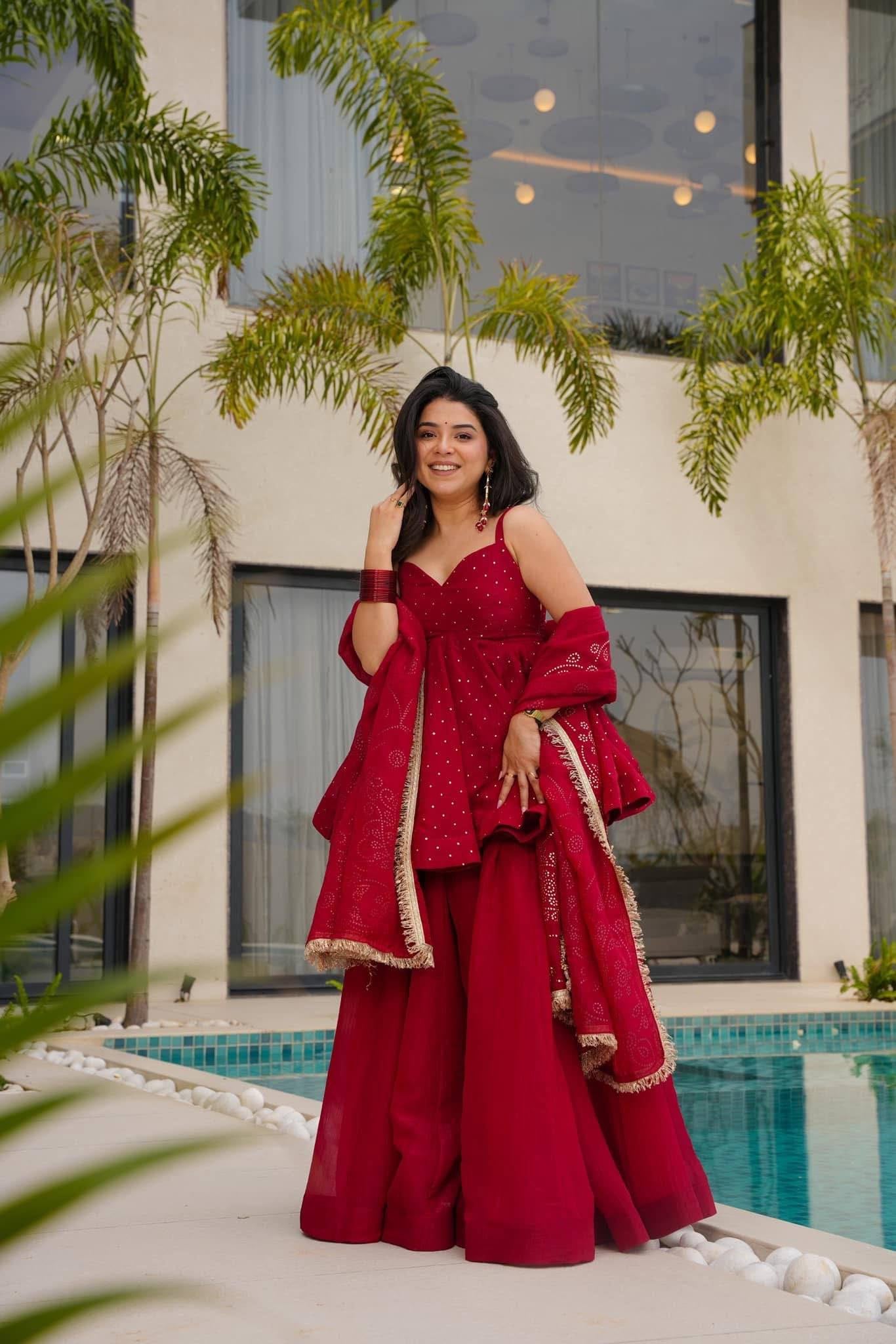 Womenline Crimson Radiance Designer Sharara Suit Set with Embroidered Dupatta