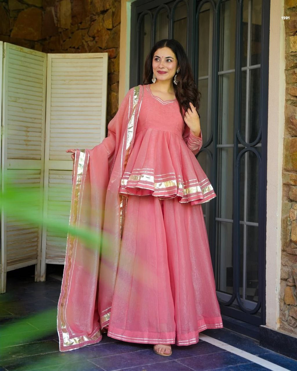 Womenline Blush Pink Peplum Kurta Sharara Set with Dupatta