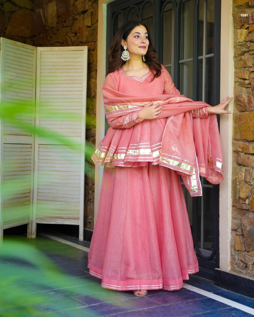 Womenline Blush Pink Peplum Kurta Sharara Set with Dupatta