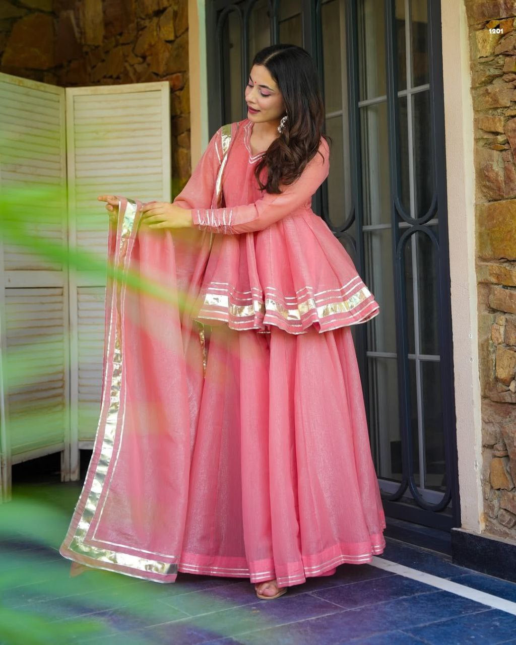 Womenline Blush Pink Peplum Kurta Sharara Set with Dupatta