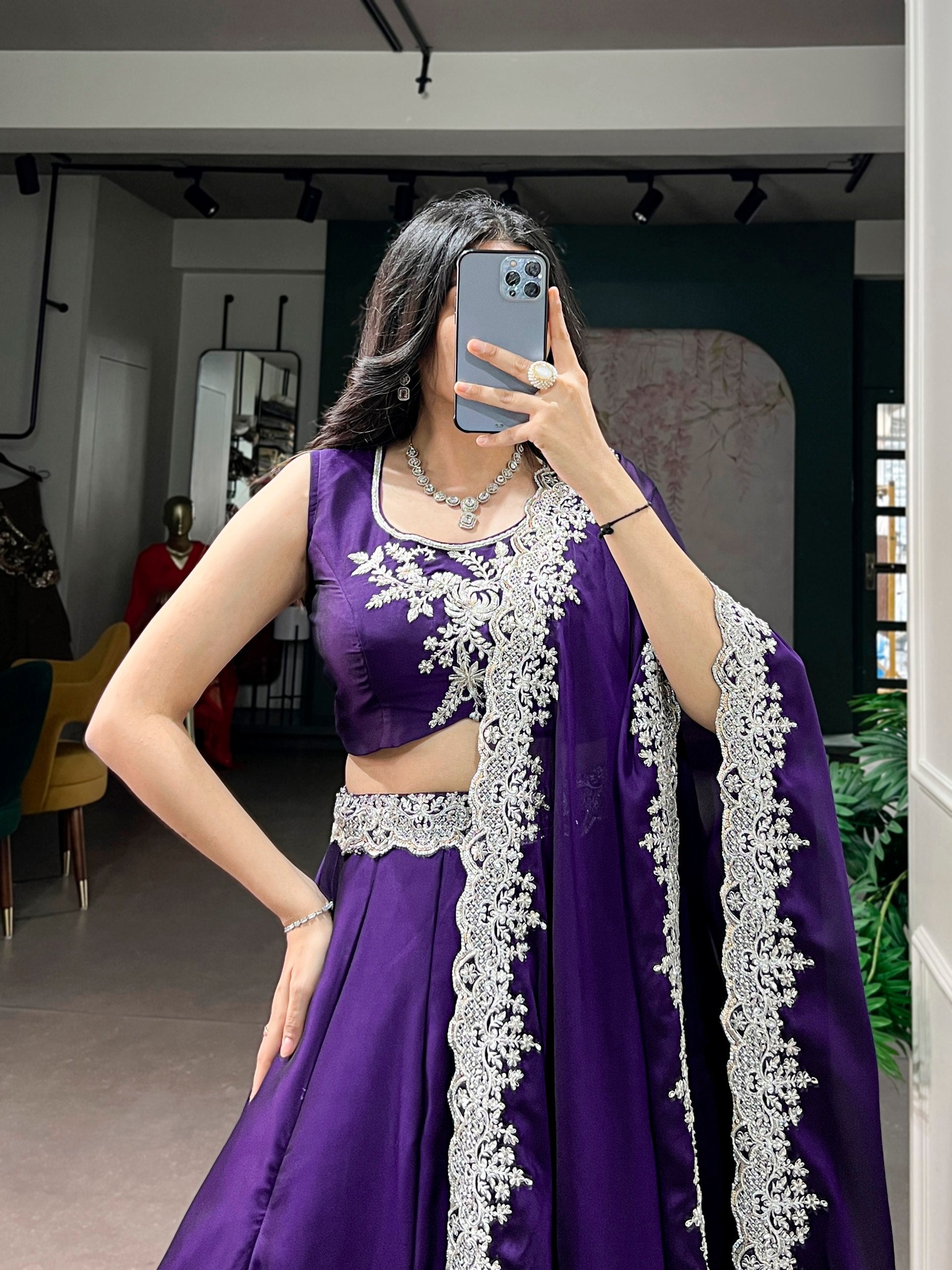 Womenline Royal Purple Embellished Designer Lehenga Set with Dupatta