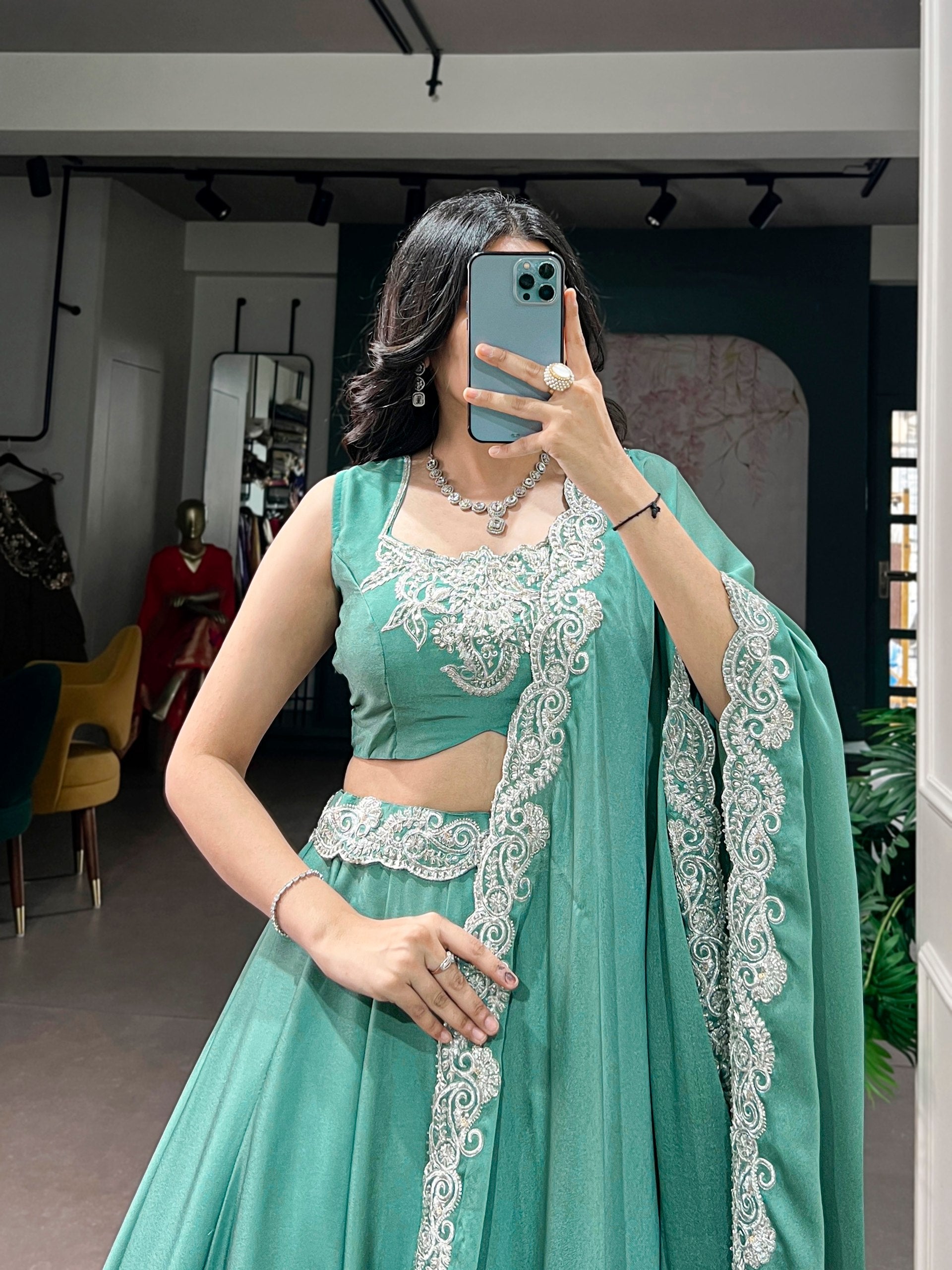 Womenline Sea Green Embroidered Designer Lehenga Set with Dupatta