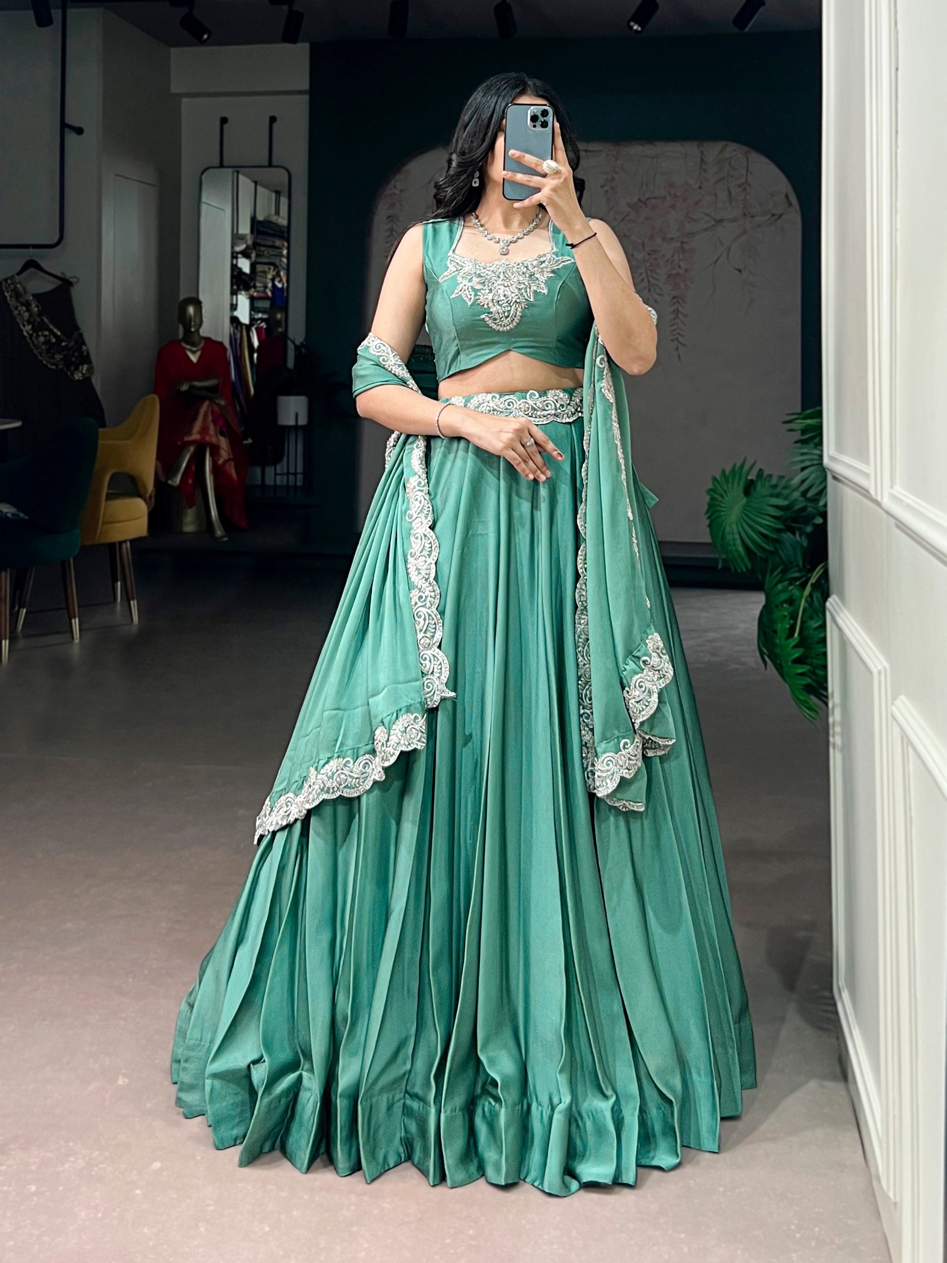 Womenline Sea Green Embroidered Designer Lehenga Set with Dupatta