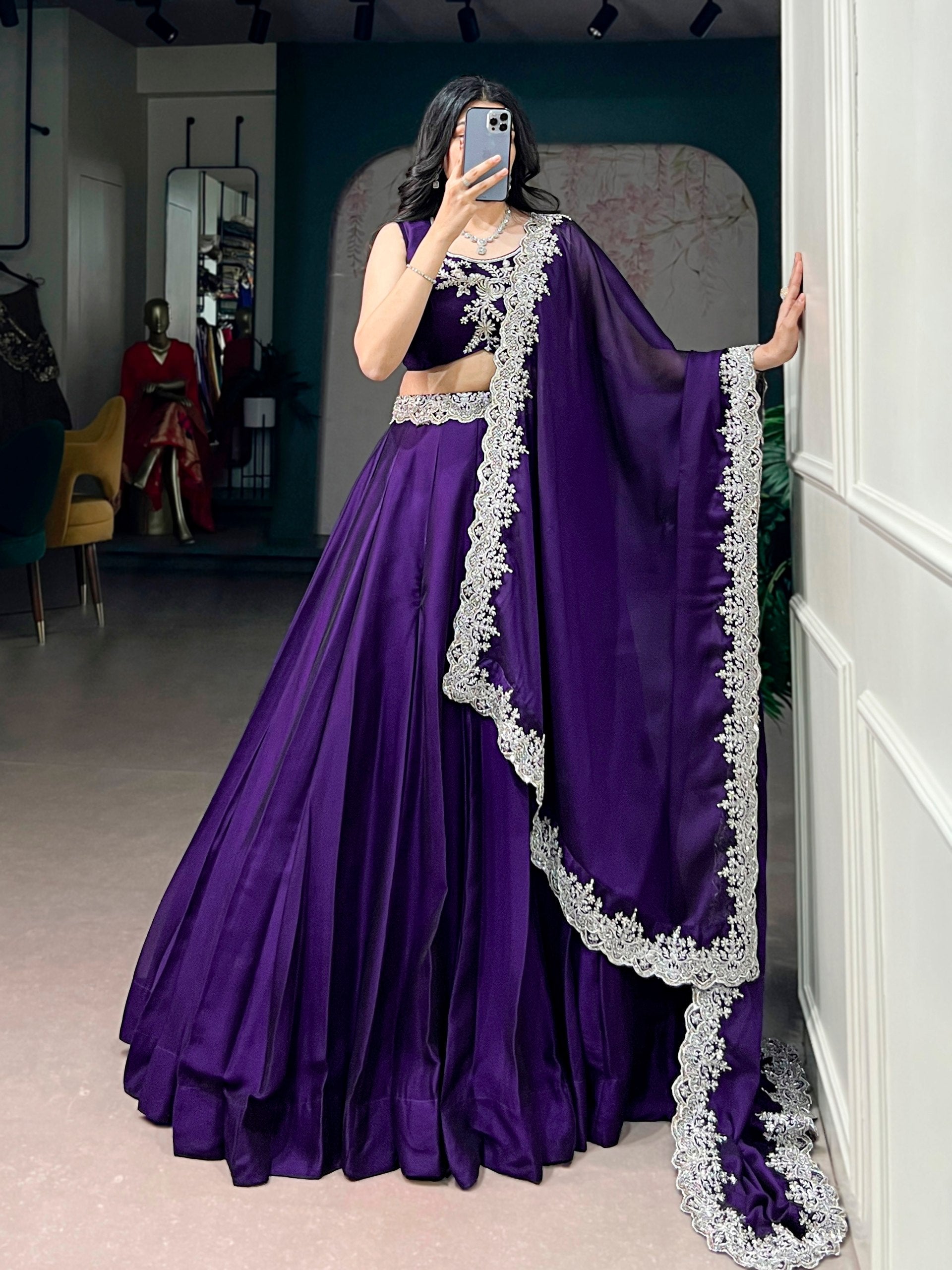 Womenline Royal Purple Embellished Designer Lehenga Set with Dupatta