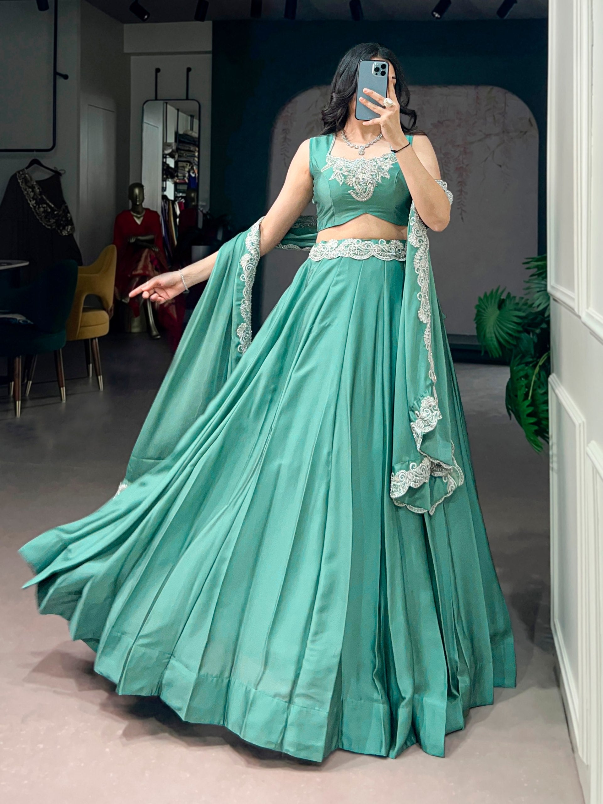 Womenline Sea Green Embroidered Designer Lehenga Set with Dupatta