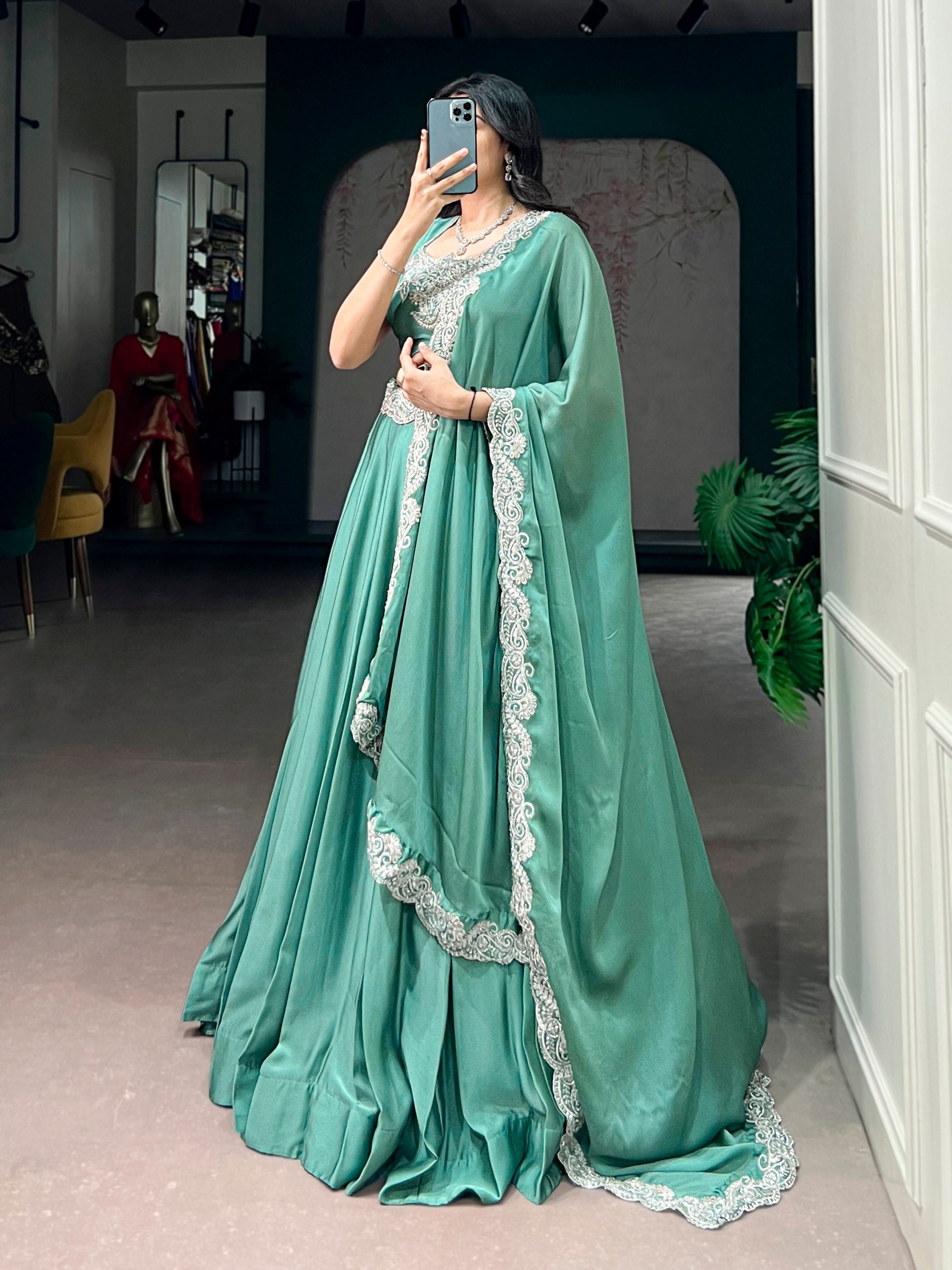 Womenline Sea Green Embroidered Designer Lehenga Set with Dupatta