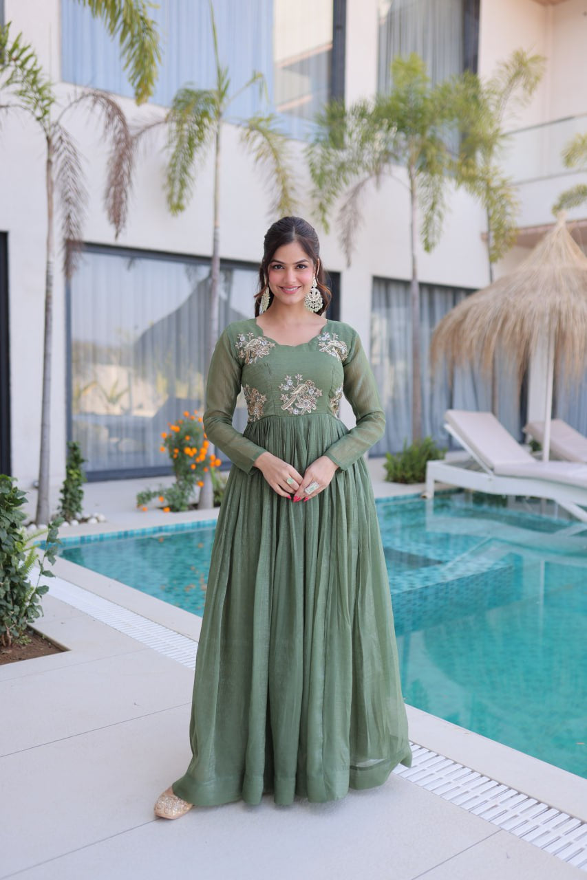 Womenline Olive Green Color Embroidered Anarkali Gown