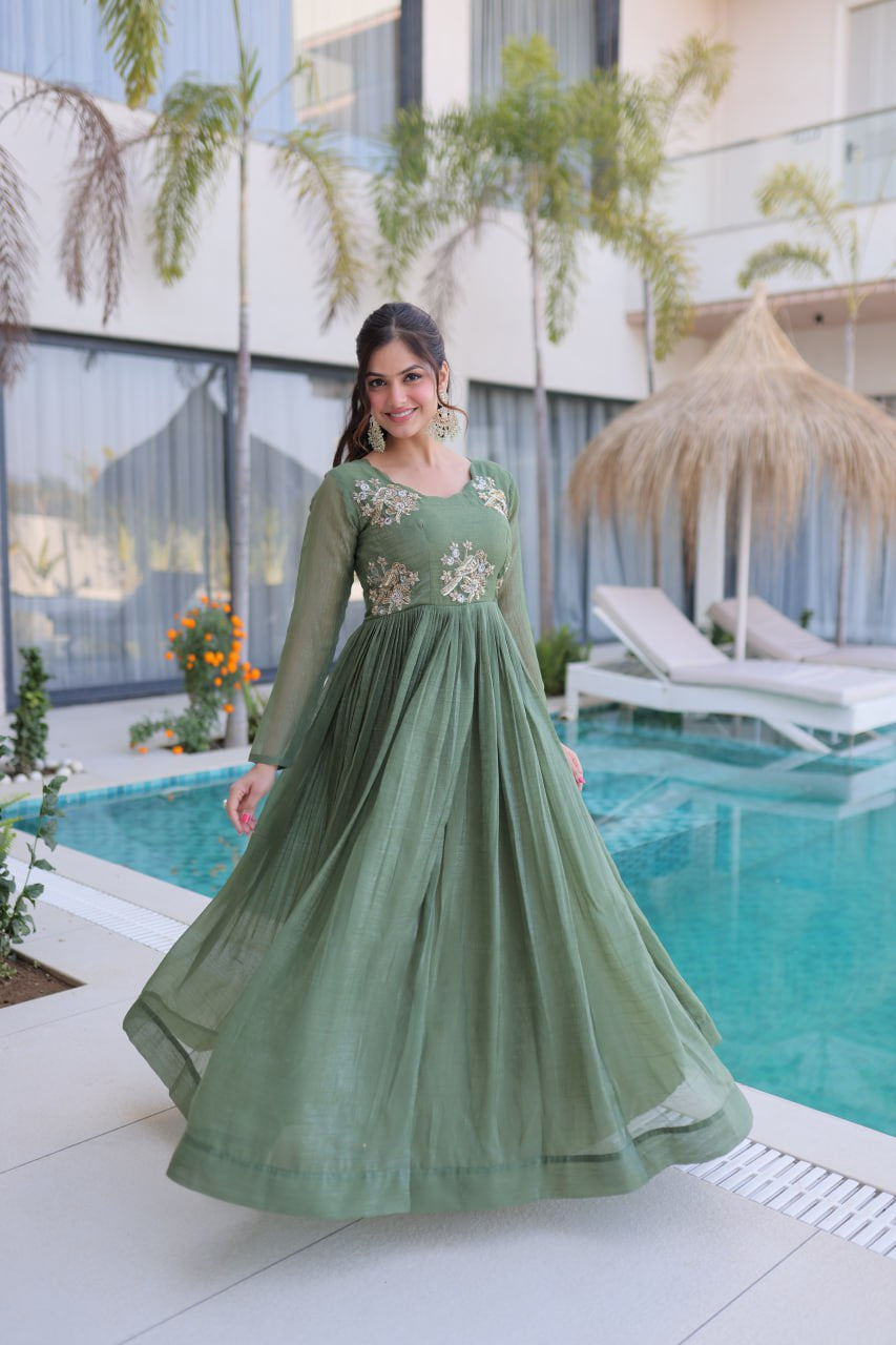 Womenline Olive Green Color Embroidered Anarkali Gown