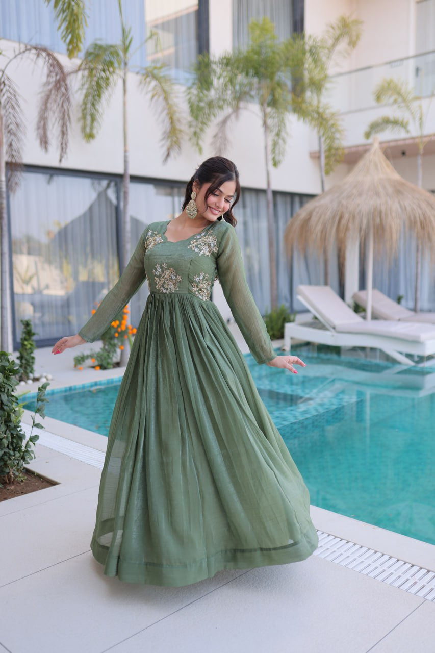 Womenline Olive Green Color Embroidered Anarkali Gown