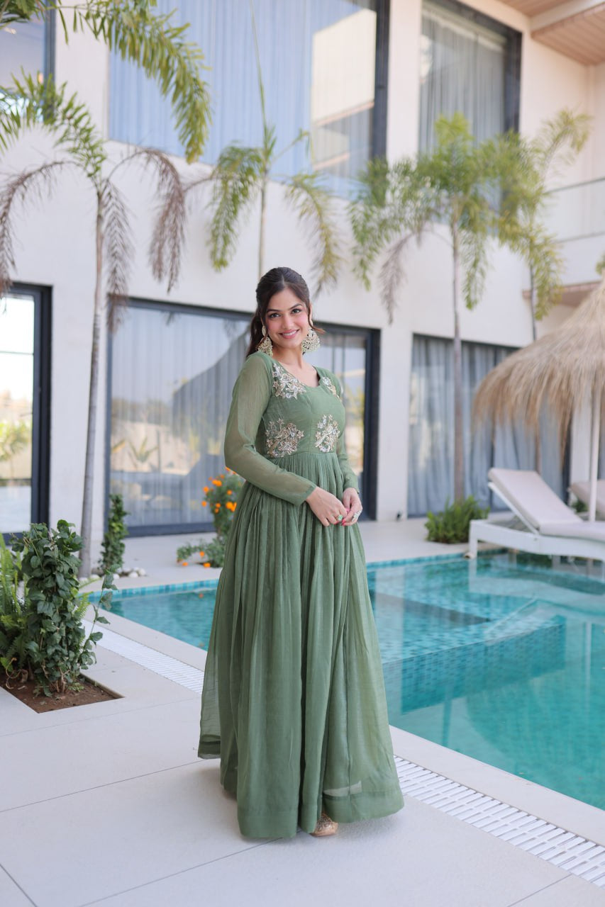 Womenline Olive Green Color Embroidered Anarkali Gown