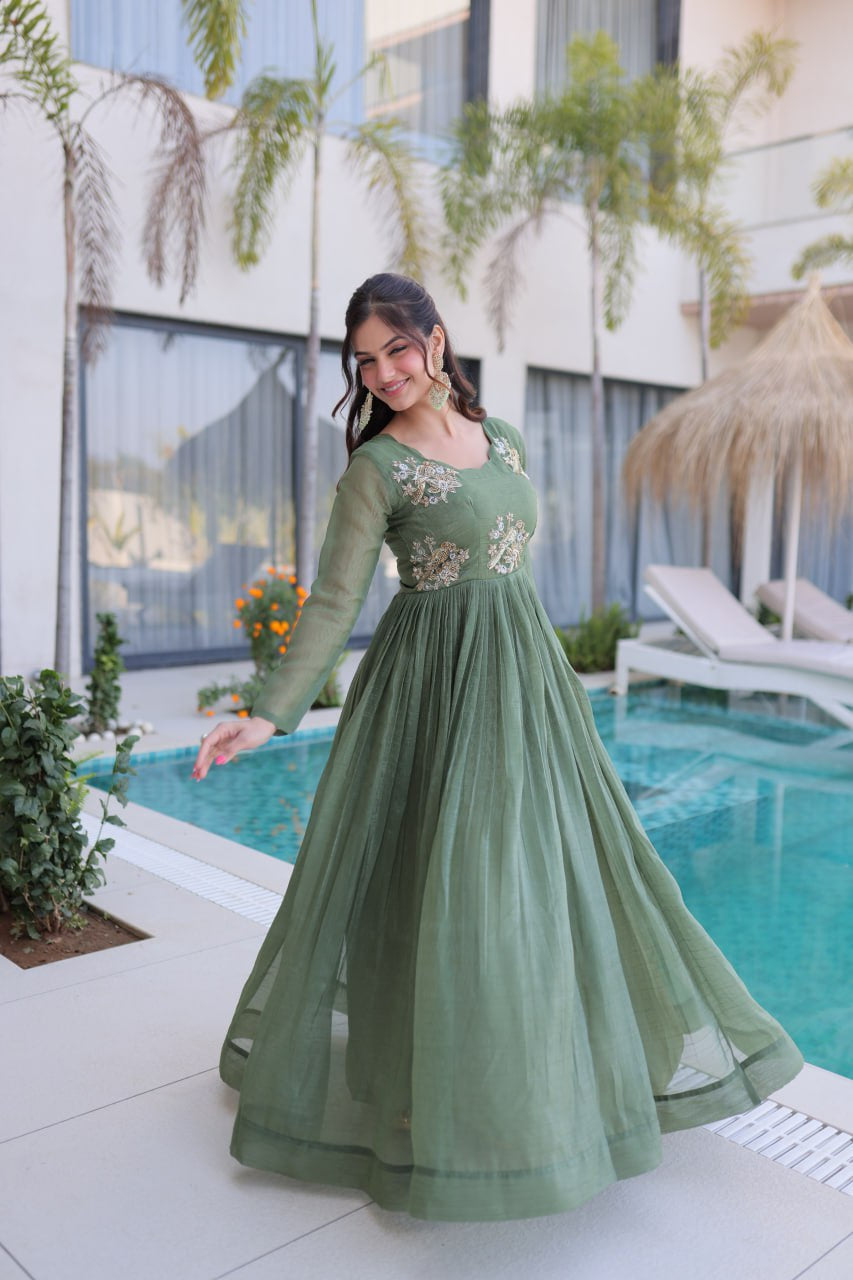 Womenline Olive Green Color Embroidered Anarkali Gown