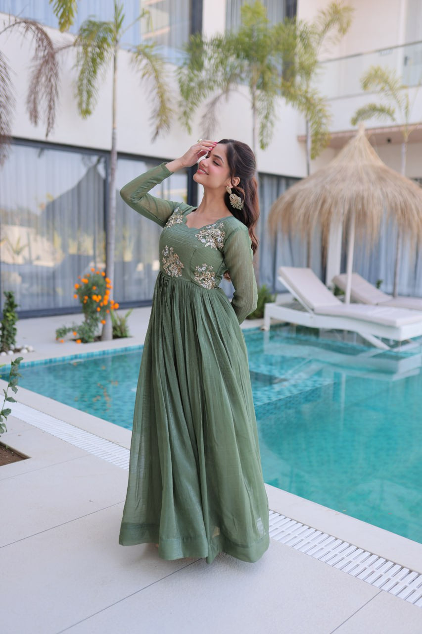 Womenline Olive Green Color Embroidered Anarkali Gown