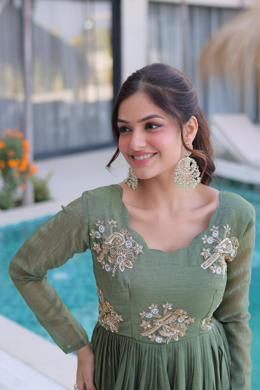 Womenline Olive Green Color Embroidered Anarkali Gown