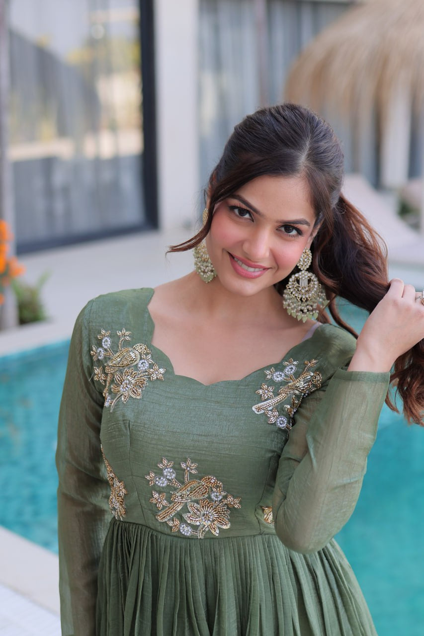 Womenline Olive Green Color Embroidered Anarkali Gown