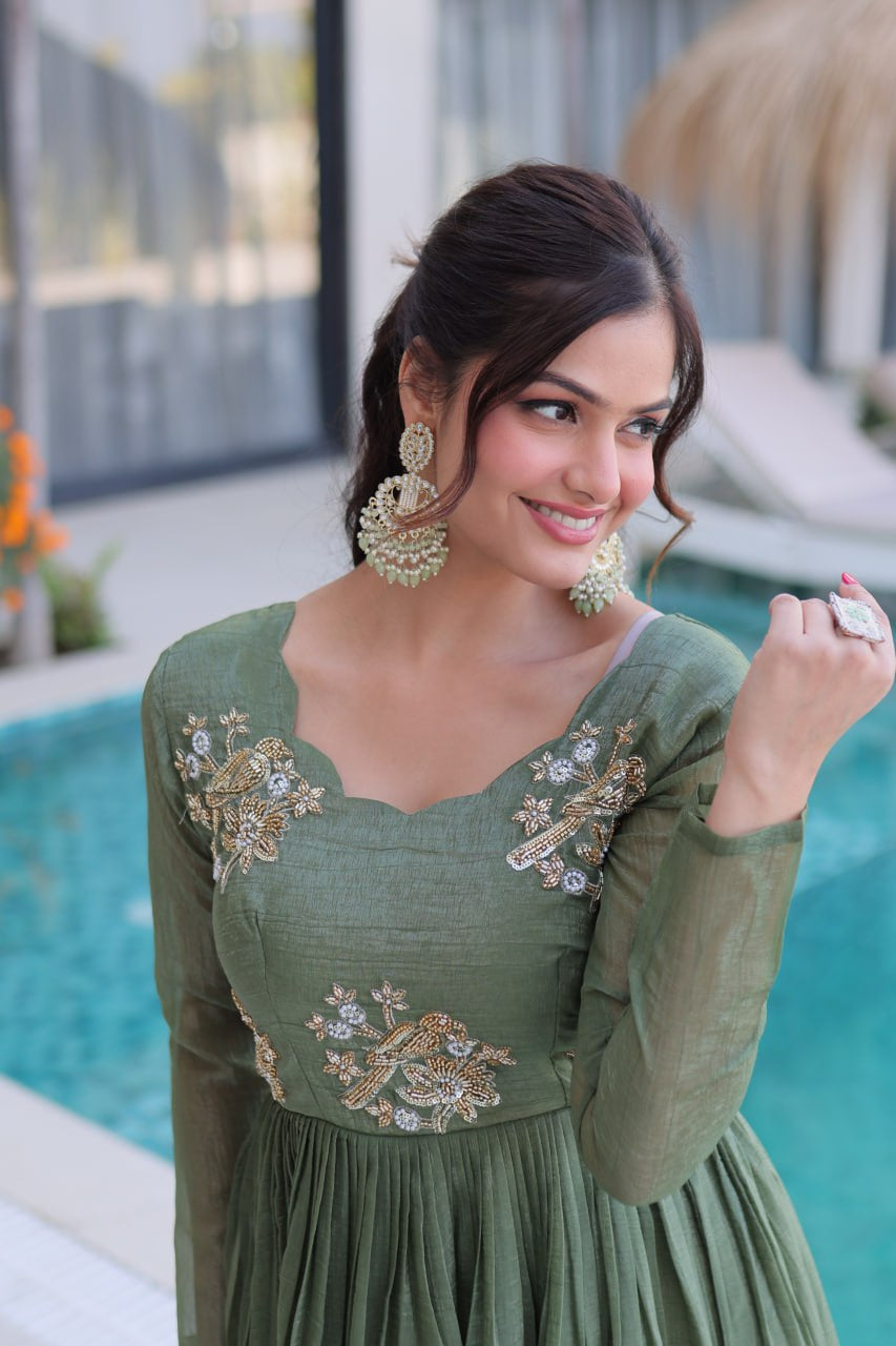 Womenline Olive Green Color Embroidered Anarkali Gown