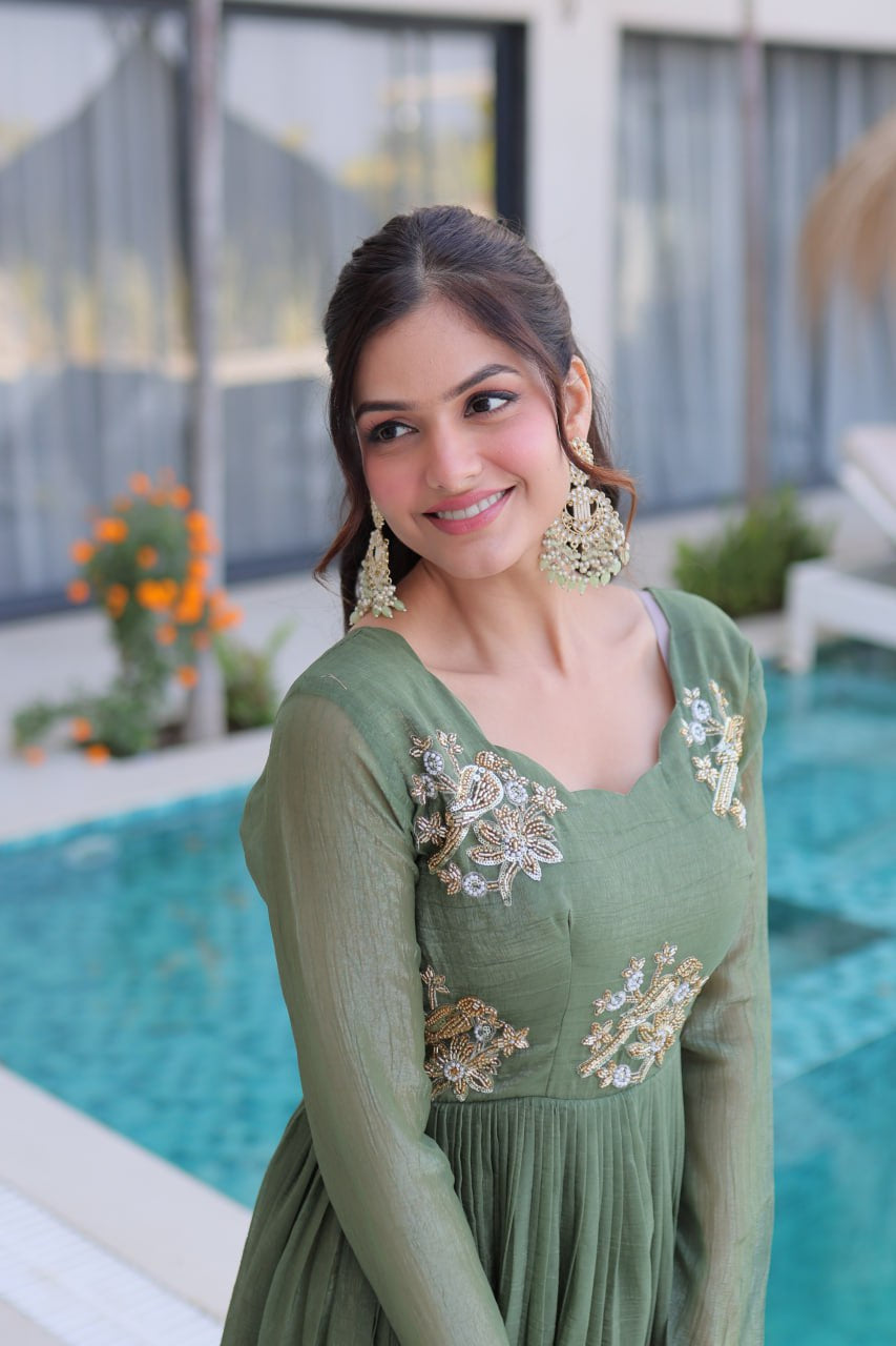 Womenline Olive Green Color Embroidered Anarkali Gown
