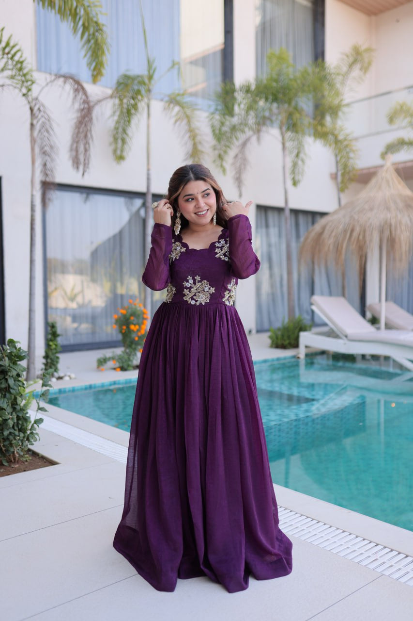 Womenline Royal Purple Color Embroidered Anarkali Gown